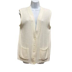 Vintage Off White Button Front Cable Knit Academia Preppy Sweater Vest Size M